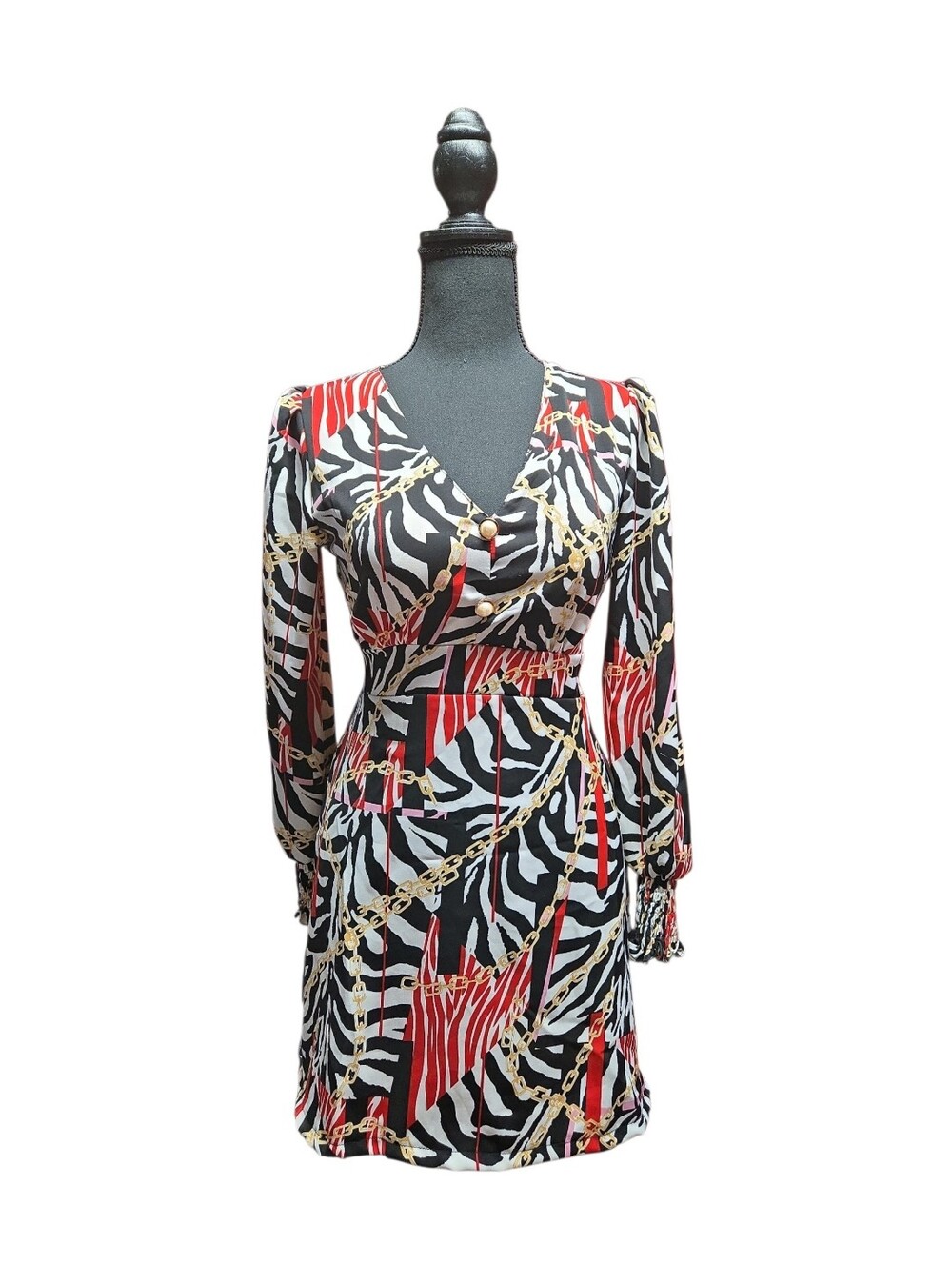 V-Neck Chain & Zebra Print Long Sleeve Mini Dress - Red/Black
